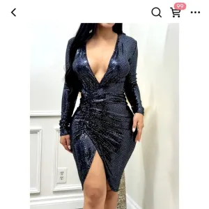 Norah Stretchy metállic sequín long  sleeve deep V- neck dress blue