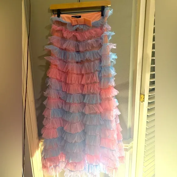 NWT Beulah Sheer Pastel Pink and Blue Ruffled Skirt