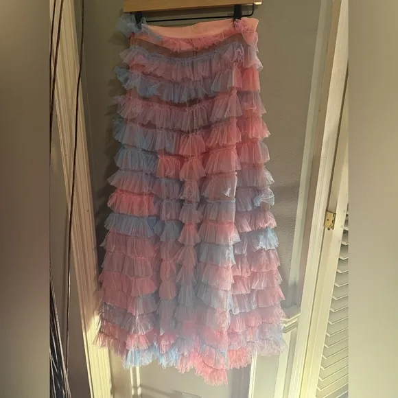 NWT Beulah Sheer Pastel Pink and Blue Ruffled Skirt