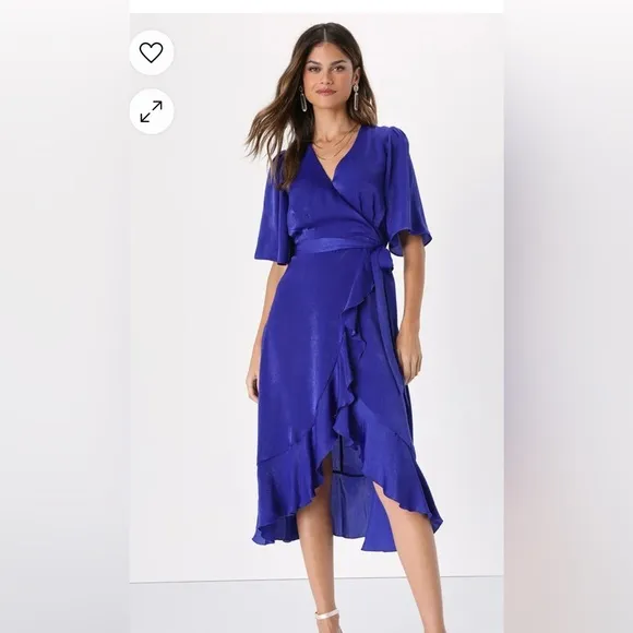 NWT lulus Wrapped Up In Love Cobalt Blue Satin L Faux-Wrap Midi Dress fb