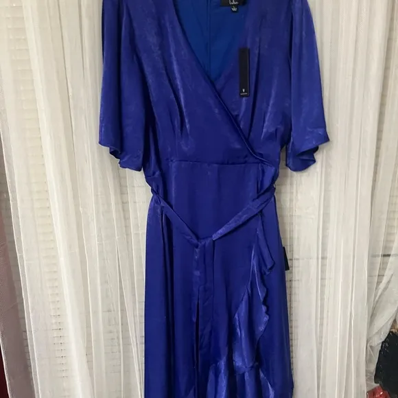 NWT lulus Wrapped Up In Love Cobalt Blue Satin L Faux-Wrap Midi Dress fb