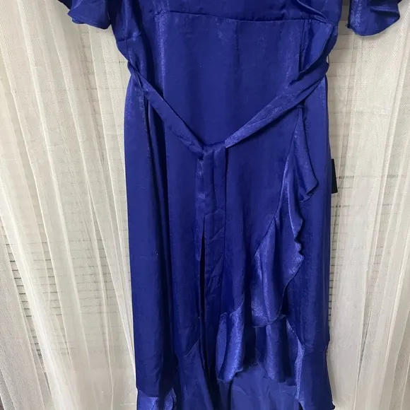 NWT lulus Wrapped Up In Love Cobalt Blue Satin L Faux-Wrap Midi Dress fb