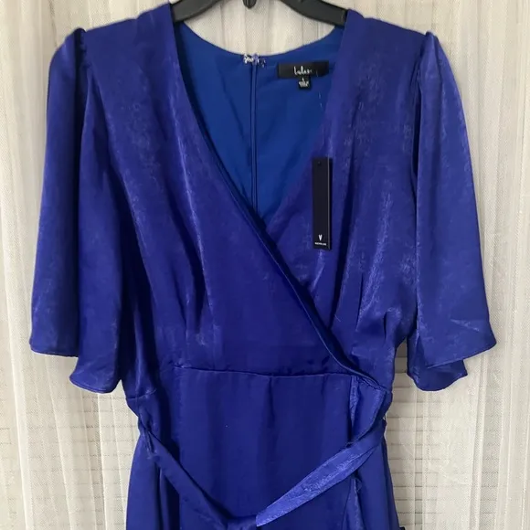 NWT lulus Wrapped Up In Love Cobalt Blue Satin L Faux-Wrap Midi Dress fb
