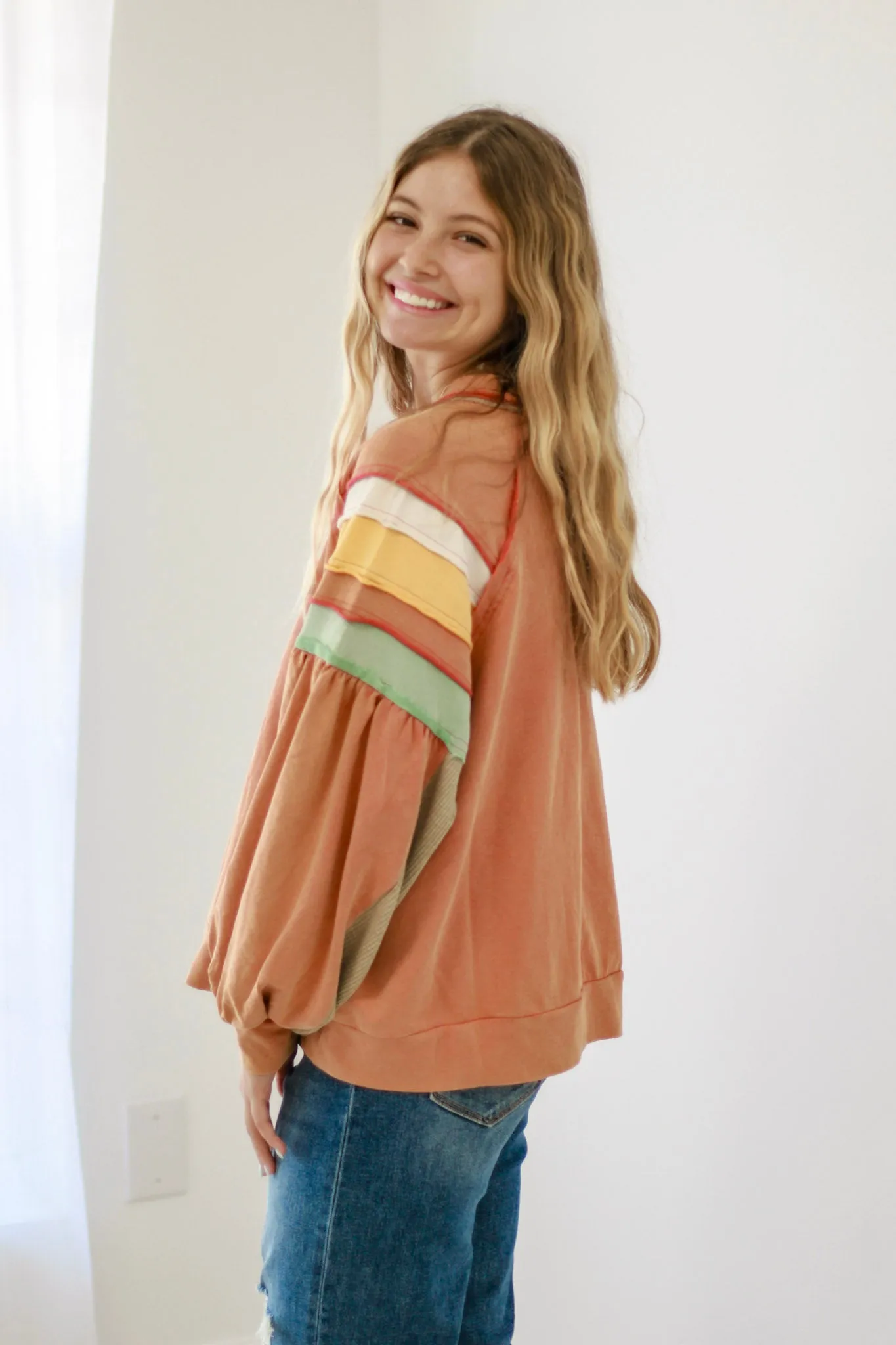On the Go Trendy Top in Muted Pumpkin