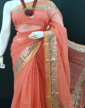 Peach Kota Doria Saree in Gota Work