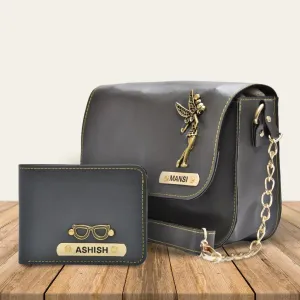 Personalized Couple's Combo : Chained Sling Bag ( Product 1 )& Men's Wallet (Product 2)- Grey