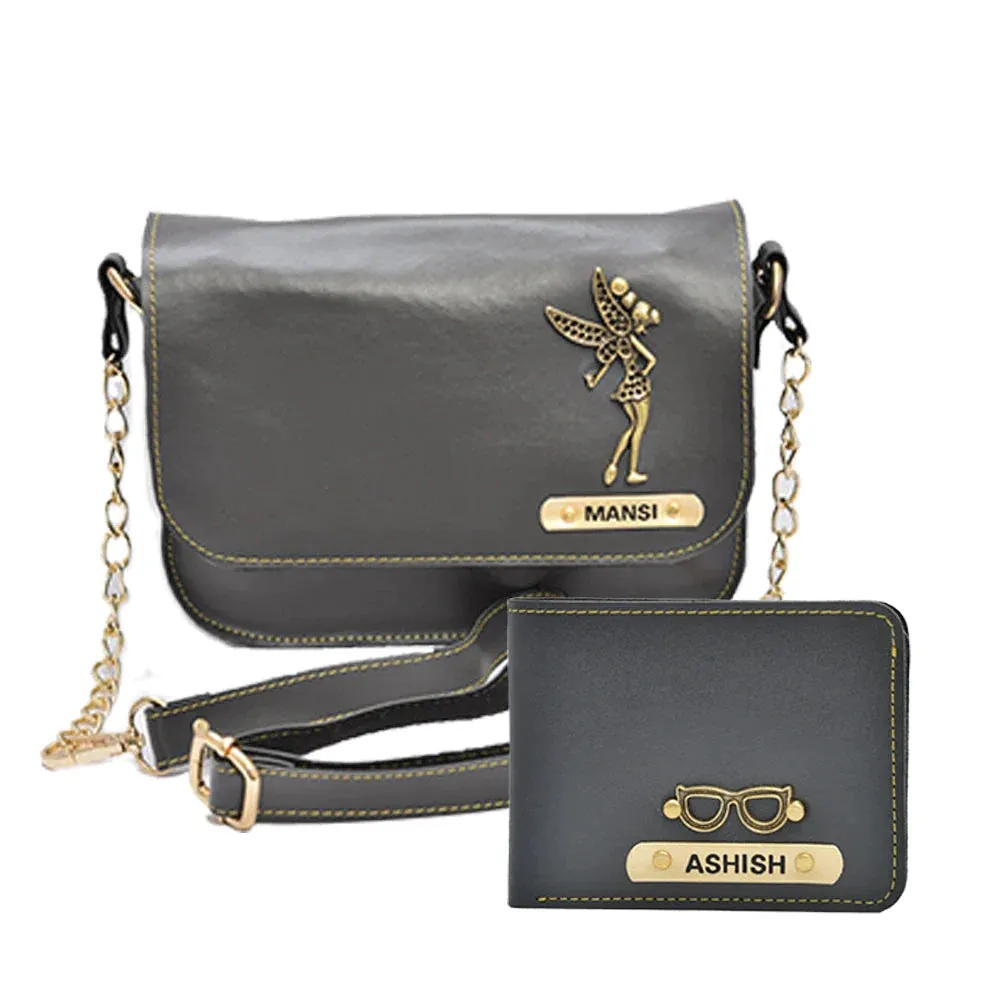 Personalized Couple's Combo : Chained Sling Bag ( Product 1 )& Men's Wallet (Product 2)- Grey
