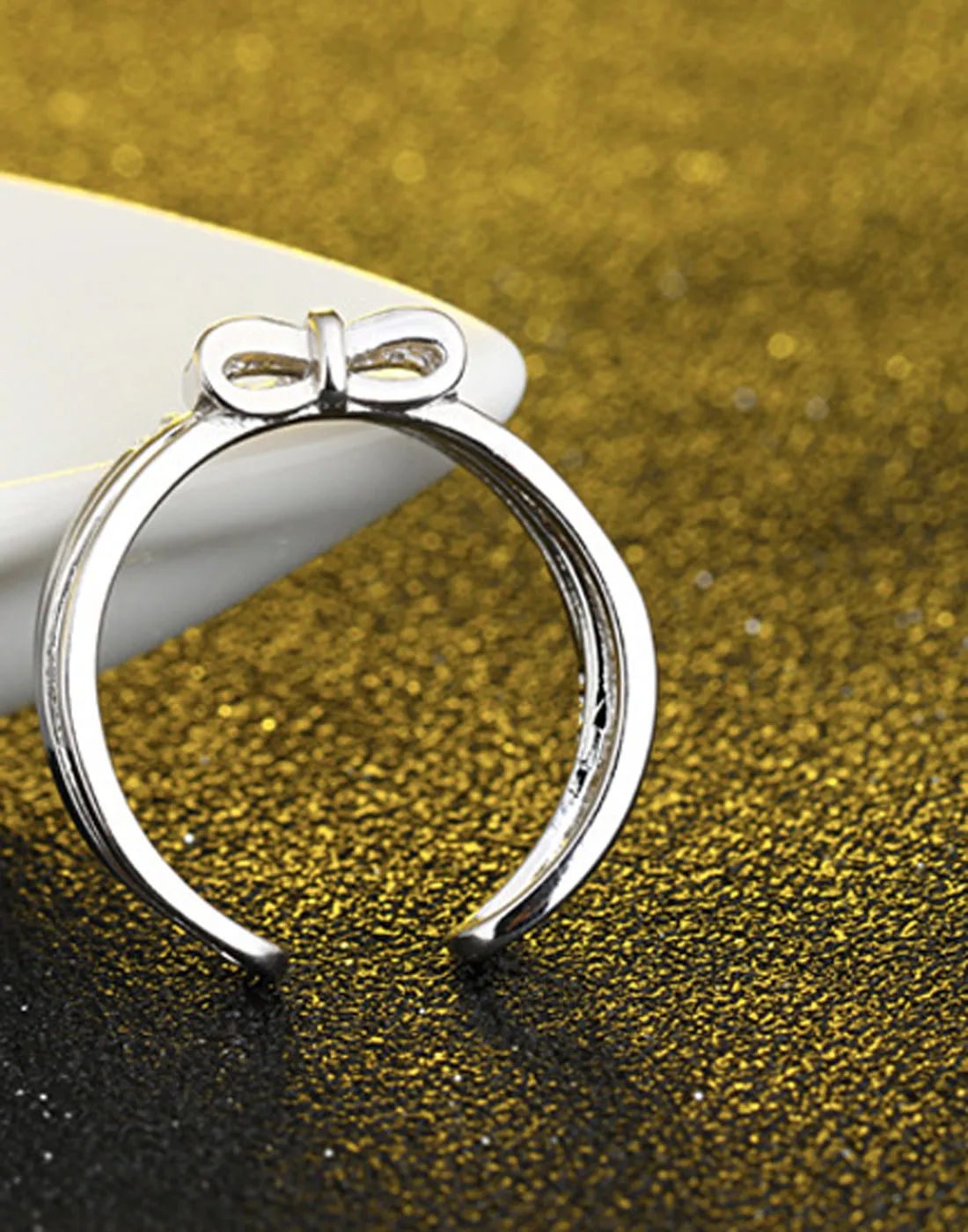 Platinum Plated Elegant Austrian Crystal Bow Adjustable Ring