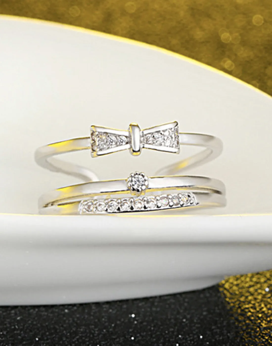 Platinum Plated Elegant Austrian Crystal Bow Adjustable Ring
