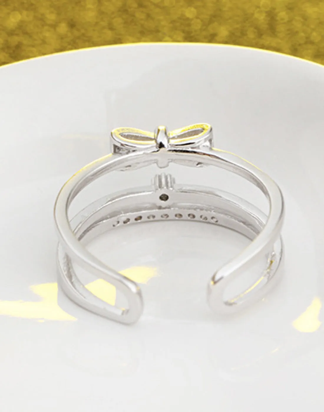 Platinum Plated Elegant Austrian Crystal Bow Adjustable Ring