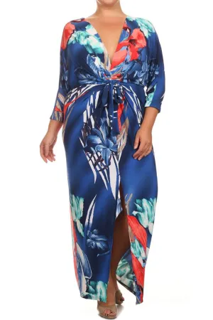 Plus Size Floral Paradise Front Knot Blue Kimono Dress