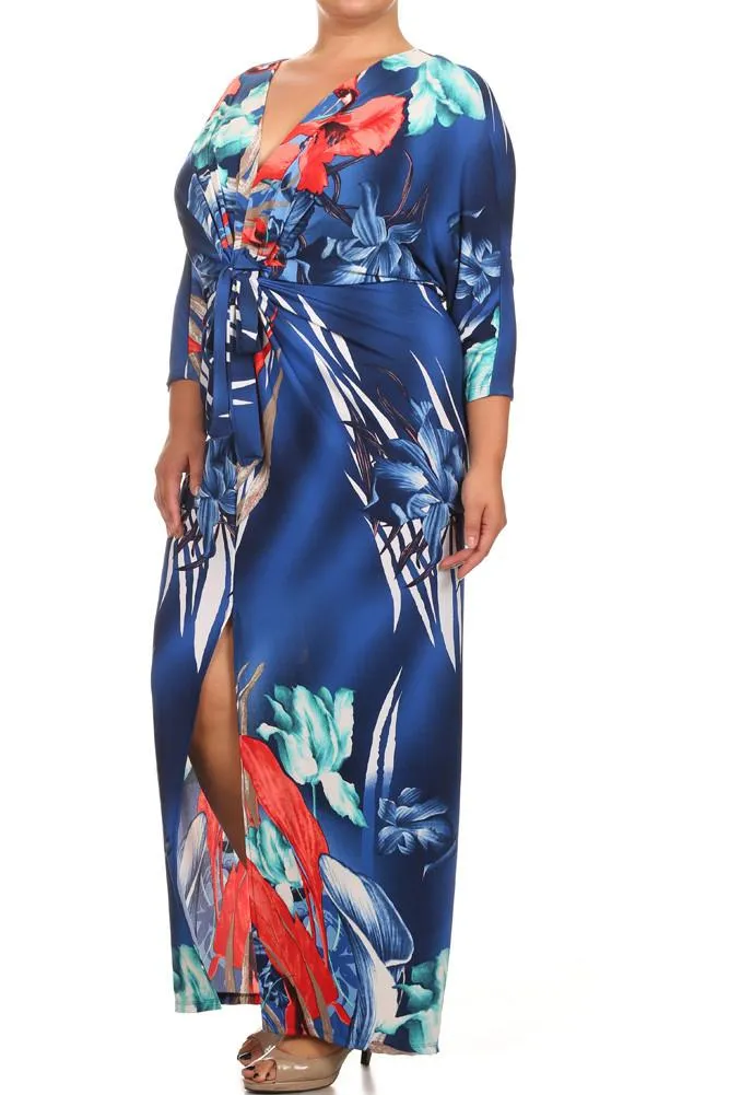 Plus Size Floral Paradise Front Knot Blue Kimono Dress