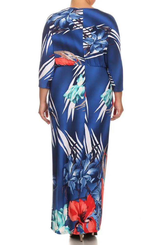 Plus Size Floral Paradise Front Knot Blue Kimono Dress