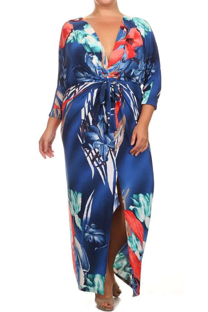 Plus Size Floral Paradise Front Knot Blue Kimono Dress