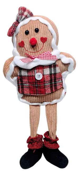 Plush Girl Gingerbread Shelf Sitter With Red Plaid Bow & Red Plaid Dress
