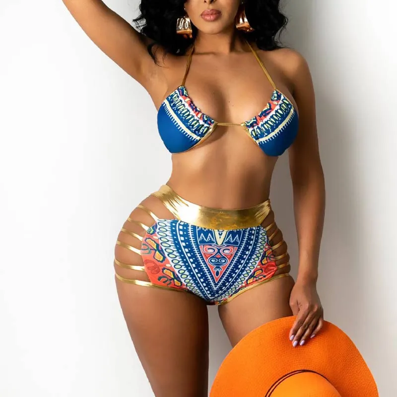 Print Halter Cut Out Two Piece Swimsuit Set