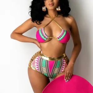 Print Halter Cut Out Two Piece Swimsuit Set