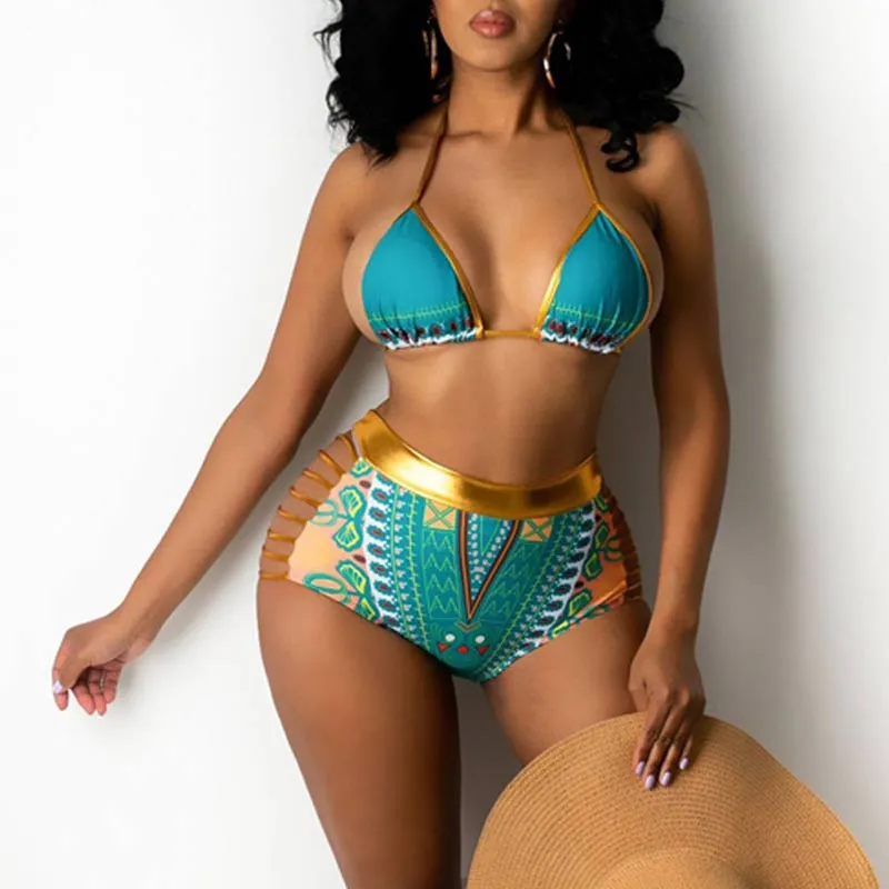 Print Halter Cut Out Two Piece Swimsuit Set