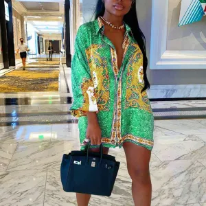 Print Long Sleeve Button Detailed Shirt Dress