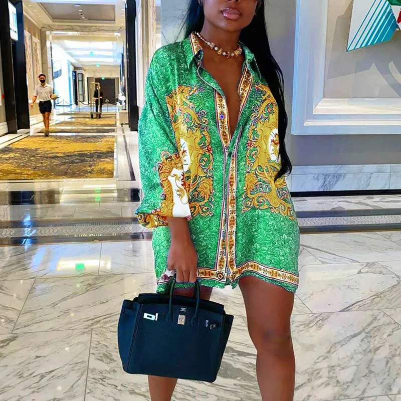 Print Long Sleeve Button Detailed Shirt Dress