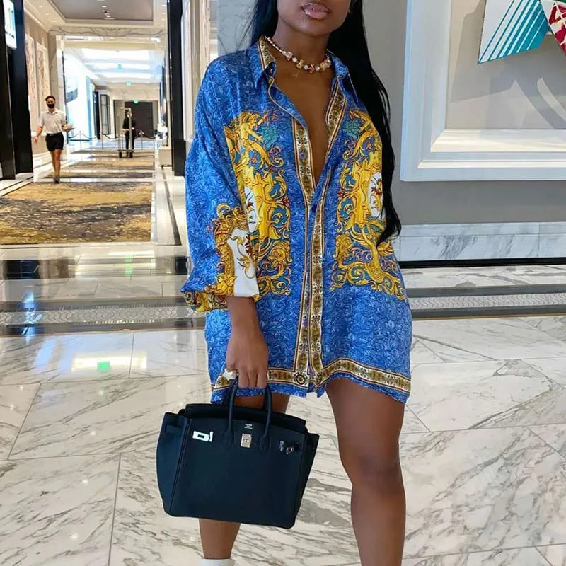 Print Long Sleeve Button Detailed Shirt Dress
