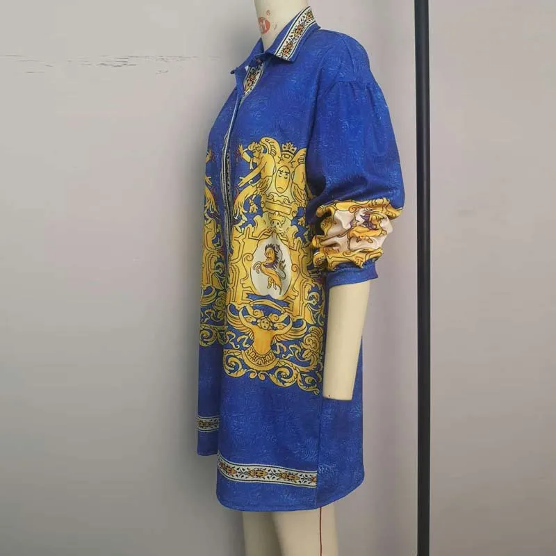 Print Long Sleeve Button Detailed Shirt Dress