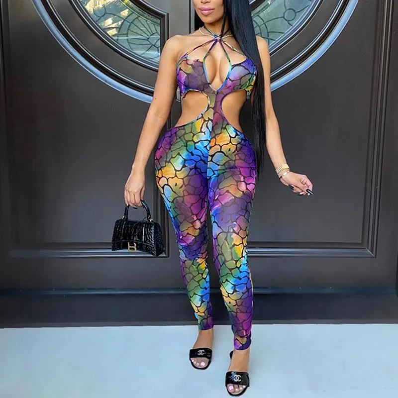 Print Sleeveless Halter Cut Out Jumpsuit