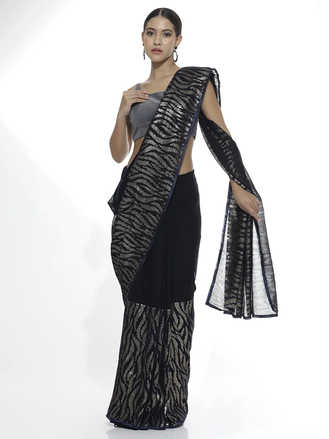 Pure Georgette Sequins Party Wear Navy Blue Saree
