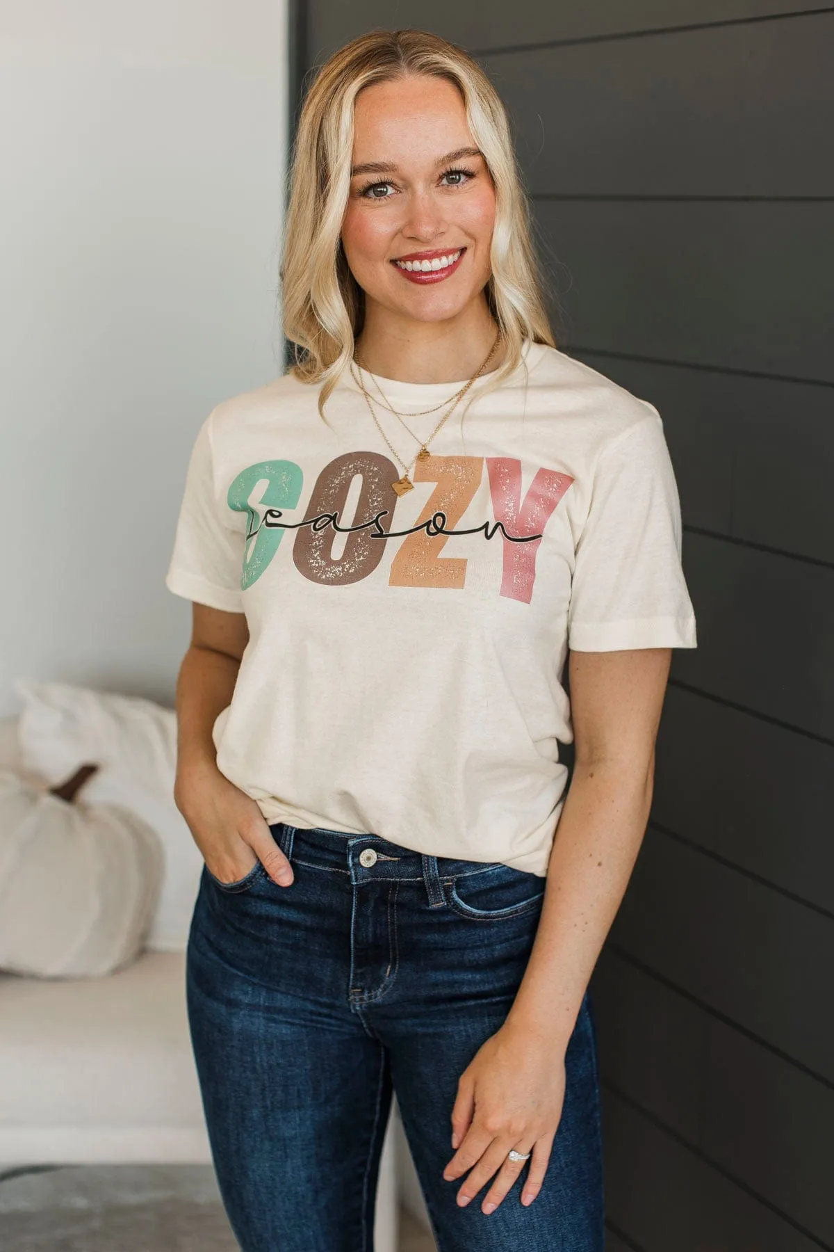 "Cozy Season" Short Sleeve Graphic Tee- Cream