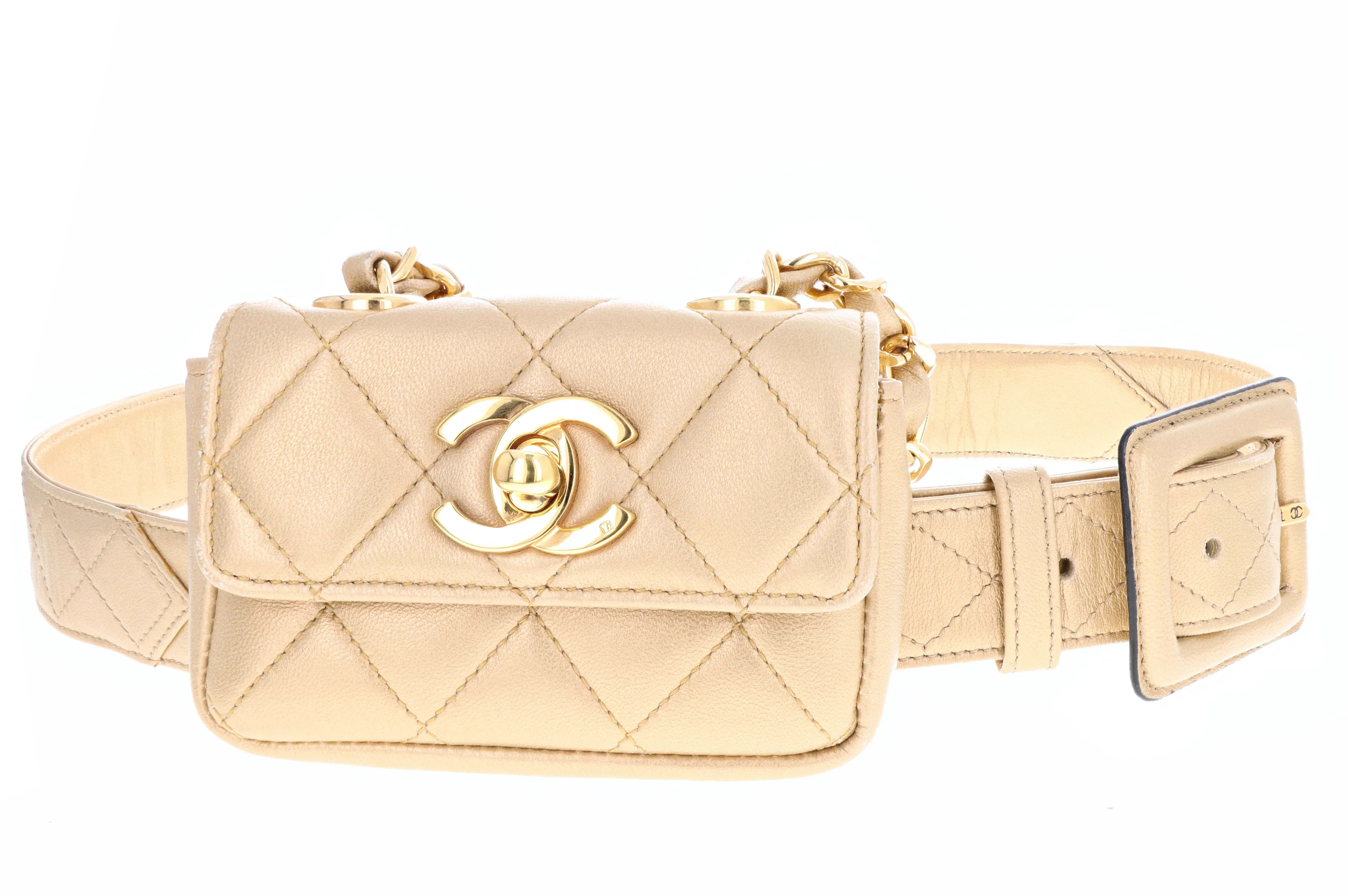 Rare Vintage Chanel Quilted Hanging Micro Belt Bag- Gold