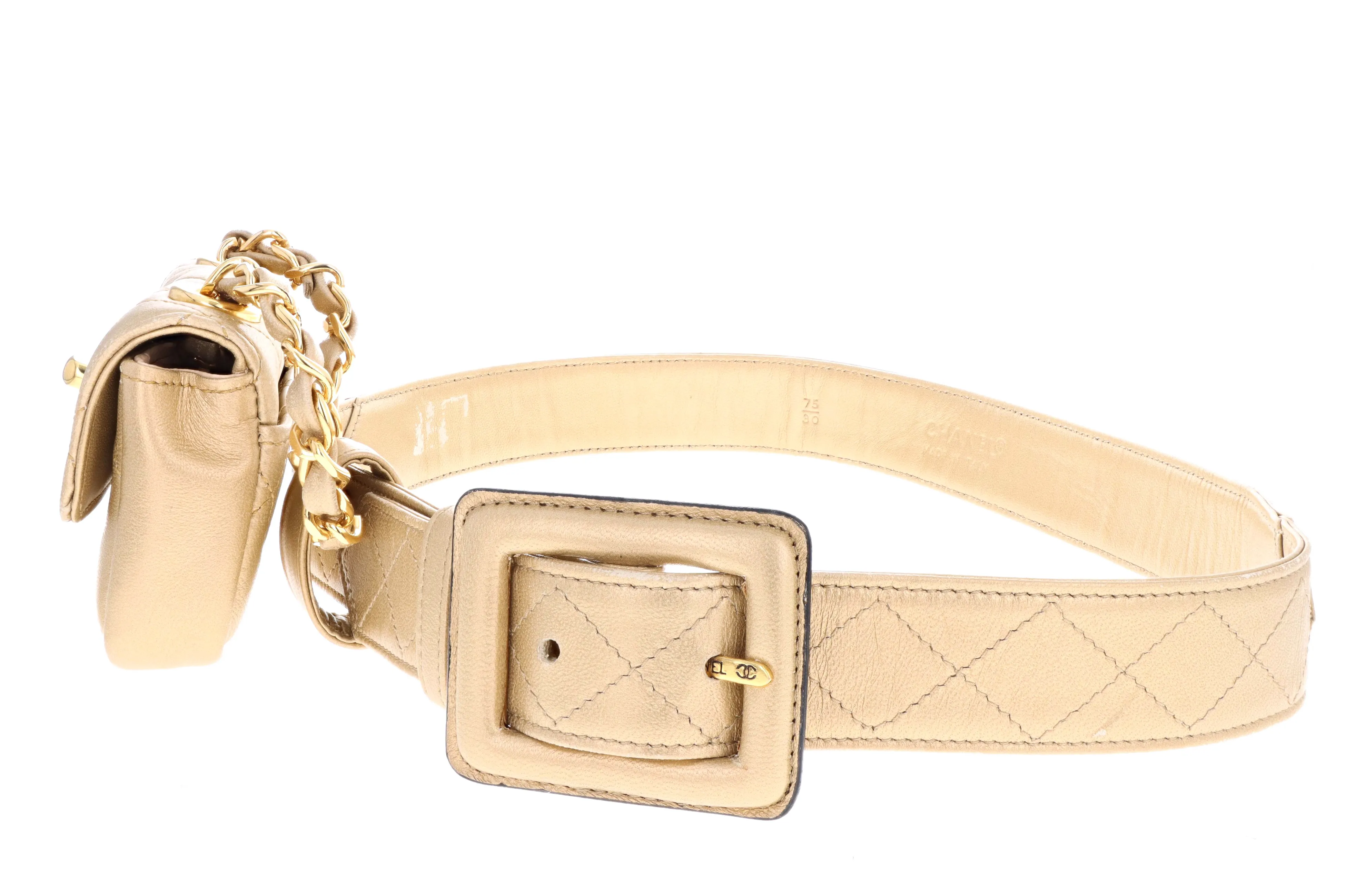 Rare Vintage Chanel Quilted Hanging Micro Belt Bag- Gold