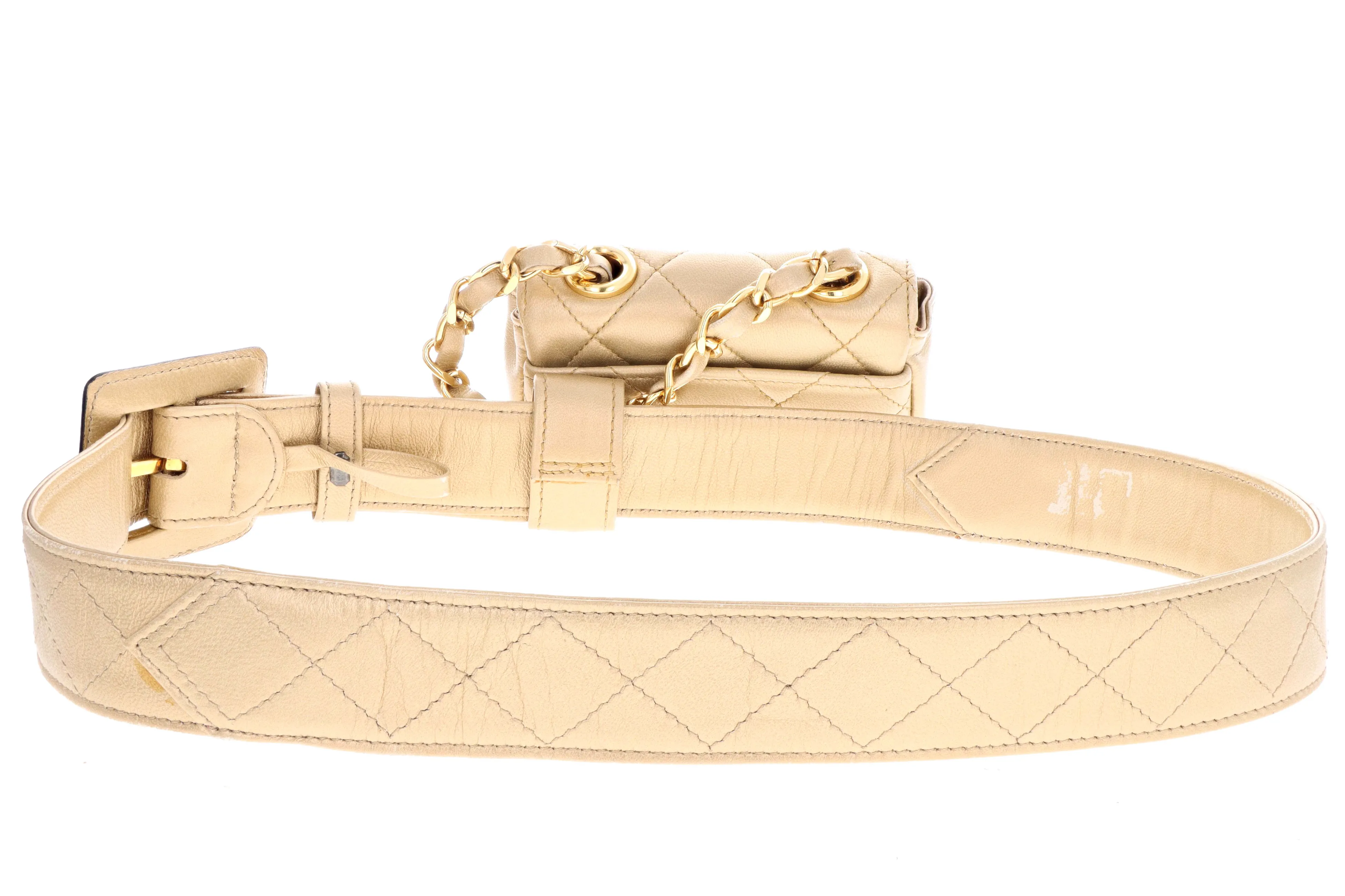 Rare Vintage Chanel Quilted Hanging Micro Belt Bag- Gold