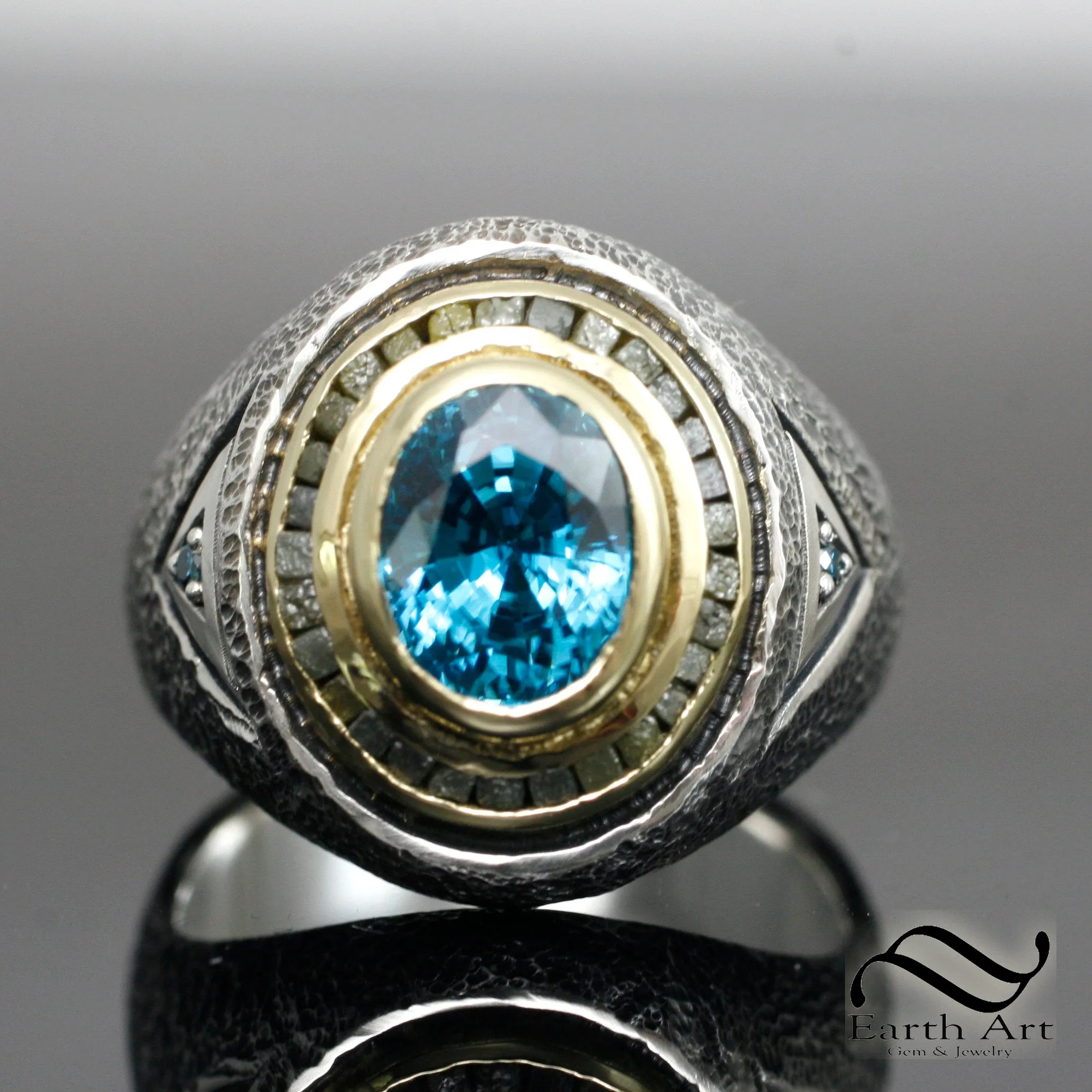 Rugged 5 ct Mens Blue Zircon signet Ring - Sterling silver & 18k