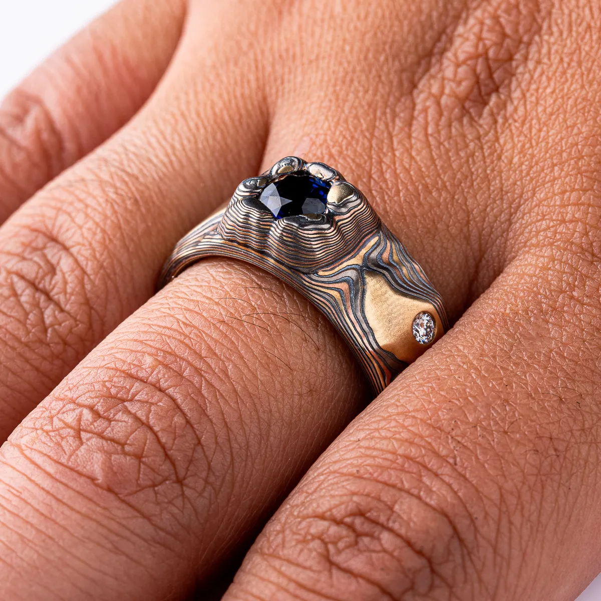 Rugged Mokume Gane Sapphire and Diamond Ring