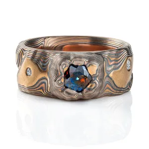 Rugged Mokume Gane Sapphire and Diamond Ring