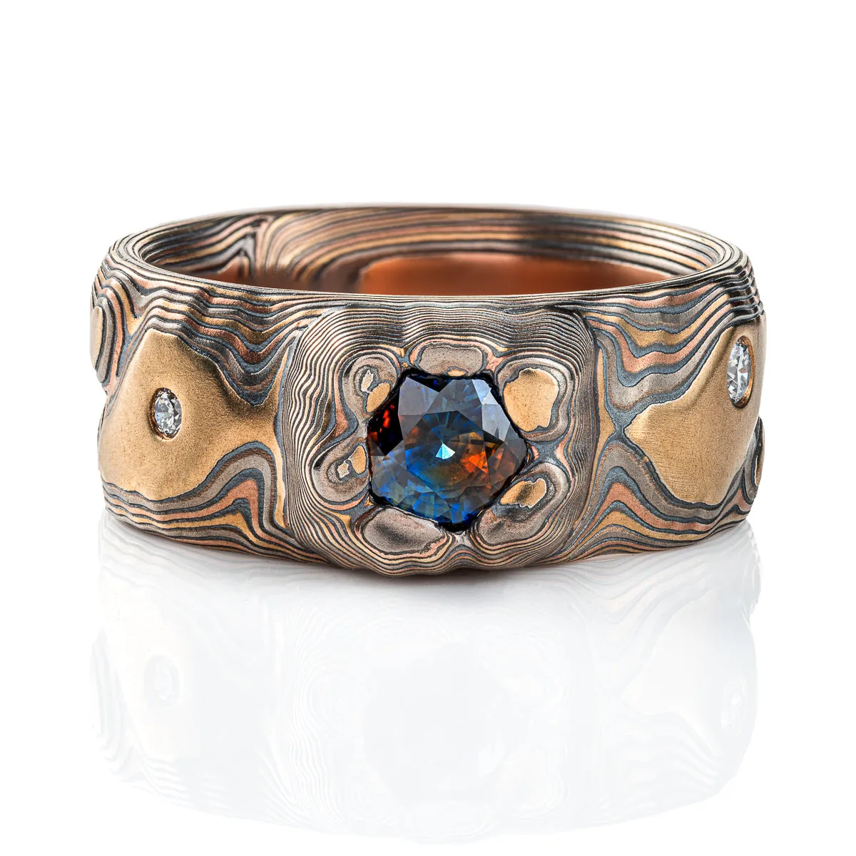 Rugged Mokume Gane Sapphire and Diamond Ring