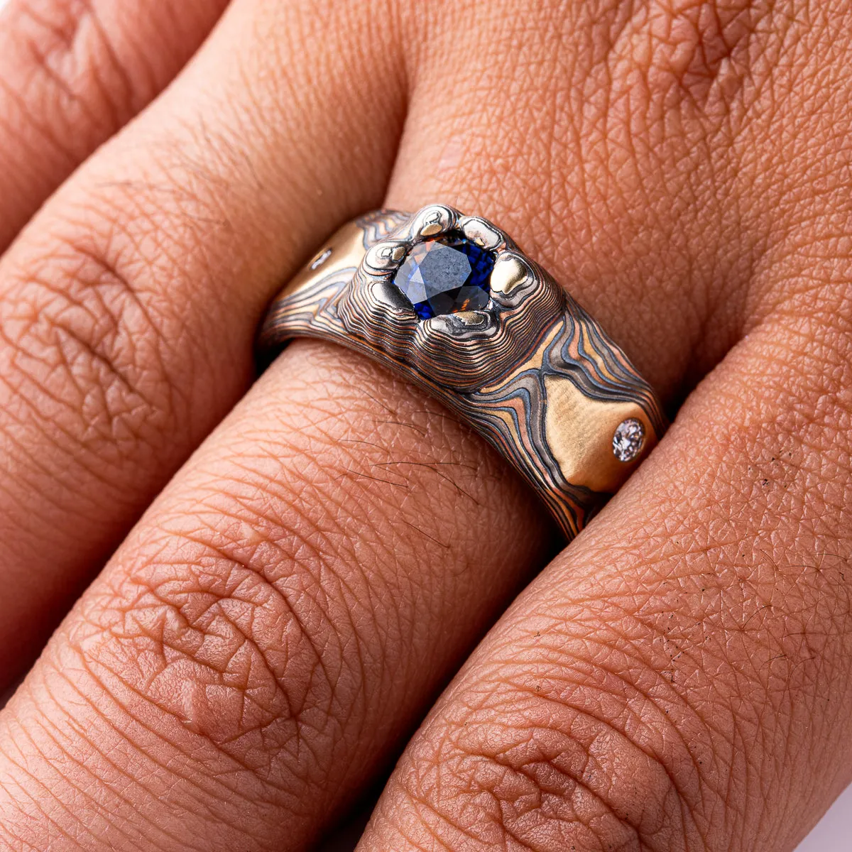 Rugged Mokume Gane Sapphire and Diamond Ring