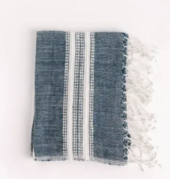Rustic Cotton Handtowel with Fringe- Navy with Natural