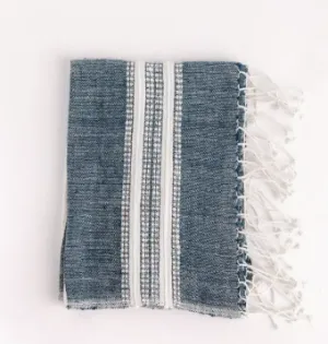 Rustic Cotton Handtowel with Fringe- Navy with Natural
