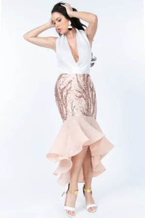 SEQUENCE BODY WITH HI-LOW MESH RUFFLE SKIRT