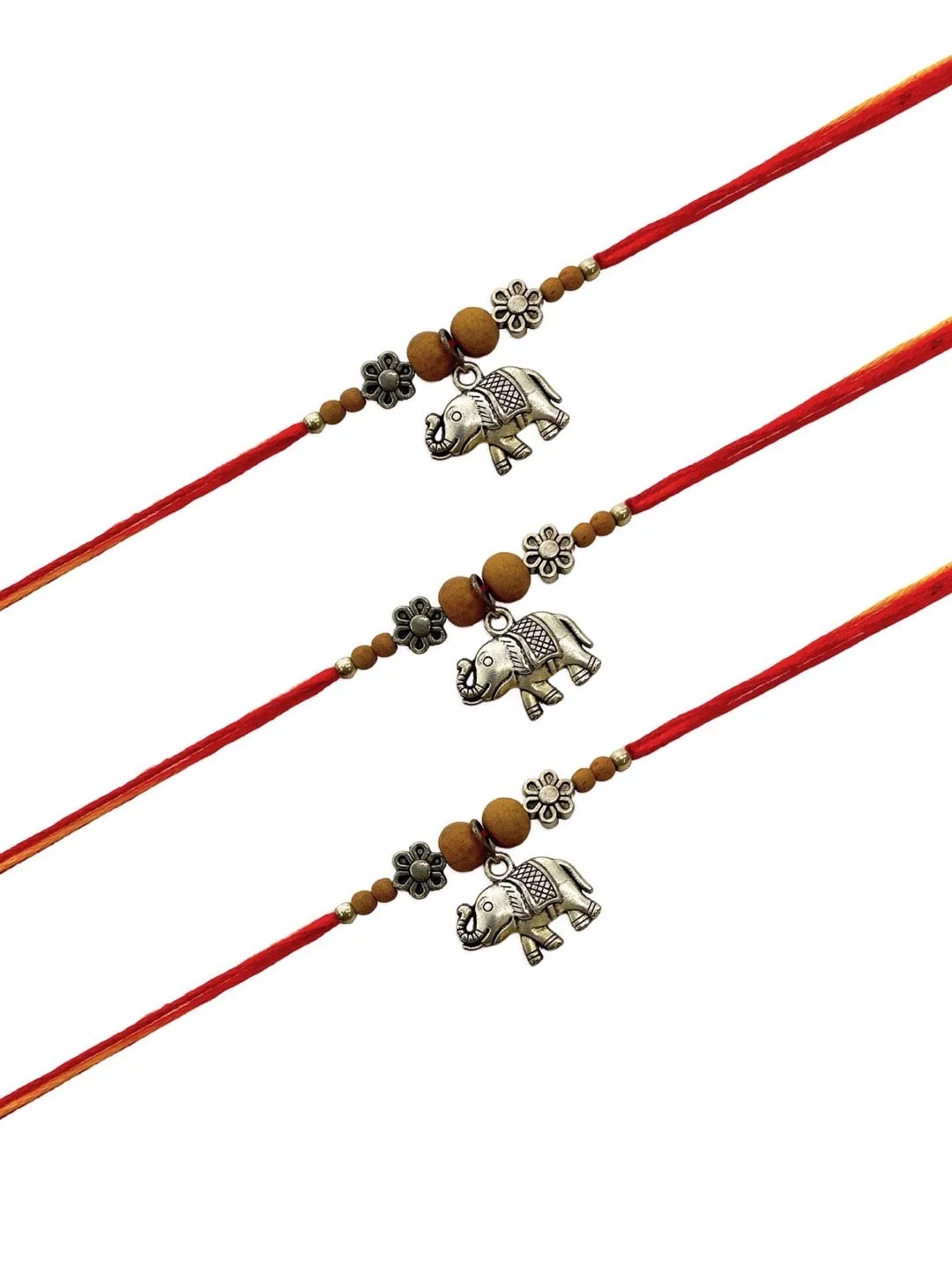 (Set of 3) Designer Rakhi for Men Silver Plated Elephant Charms with Floral Bead/Tulsi Multicolor Thread Rakhi