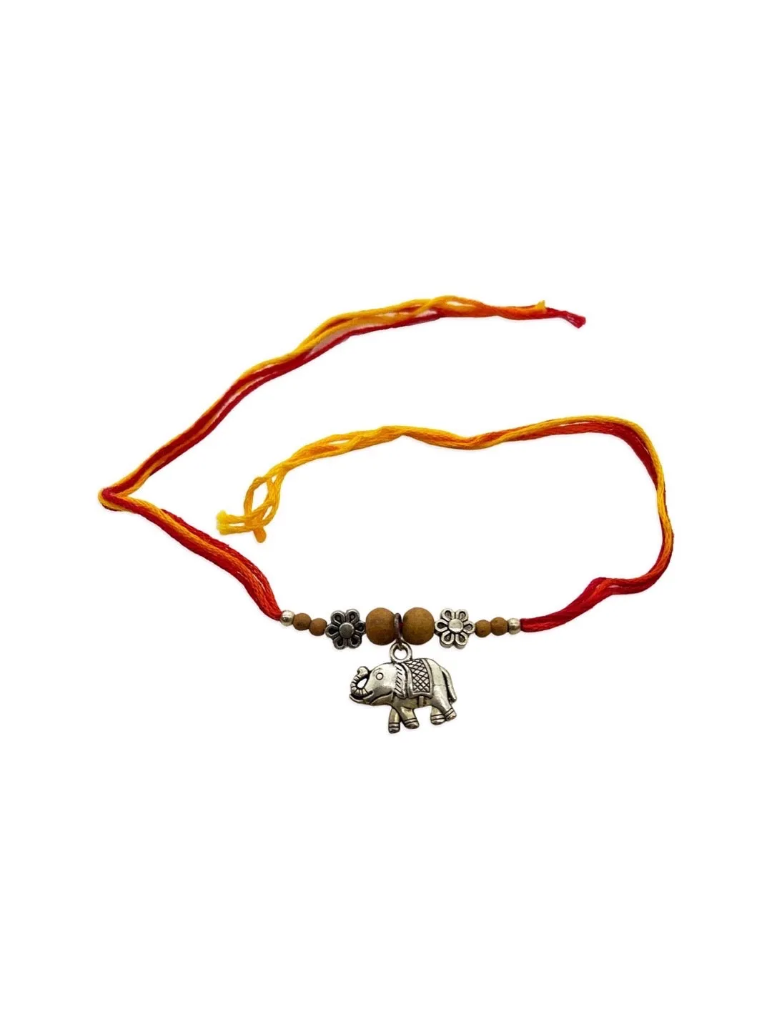 (Set of 3) Designer Rakhi for Men Silver Plated Elephant Charms with Floral Bead/Tulsi Multicolor Thread Rakhi