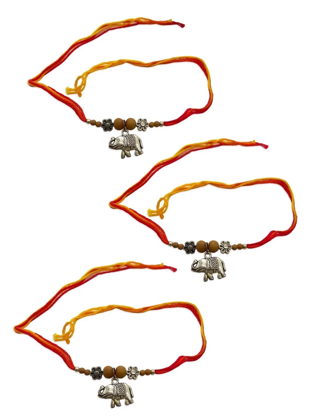 (Set of 3) Designer Rakhi for Men Silver Plated Elephant Charms with Floral Bead/Tulsi Multicolor Thread Rakhi