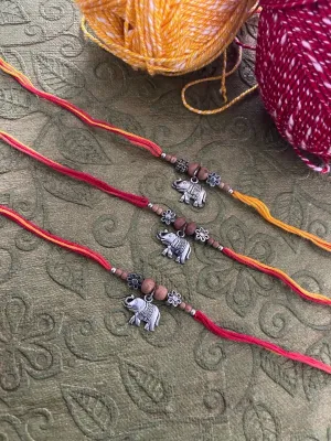 (Set of 3) Designer Rakhi for Men Silver Plated Elephant Charms with Floral Bead/Tulsi Multicolor Thread Rakhi
