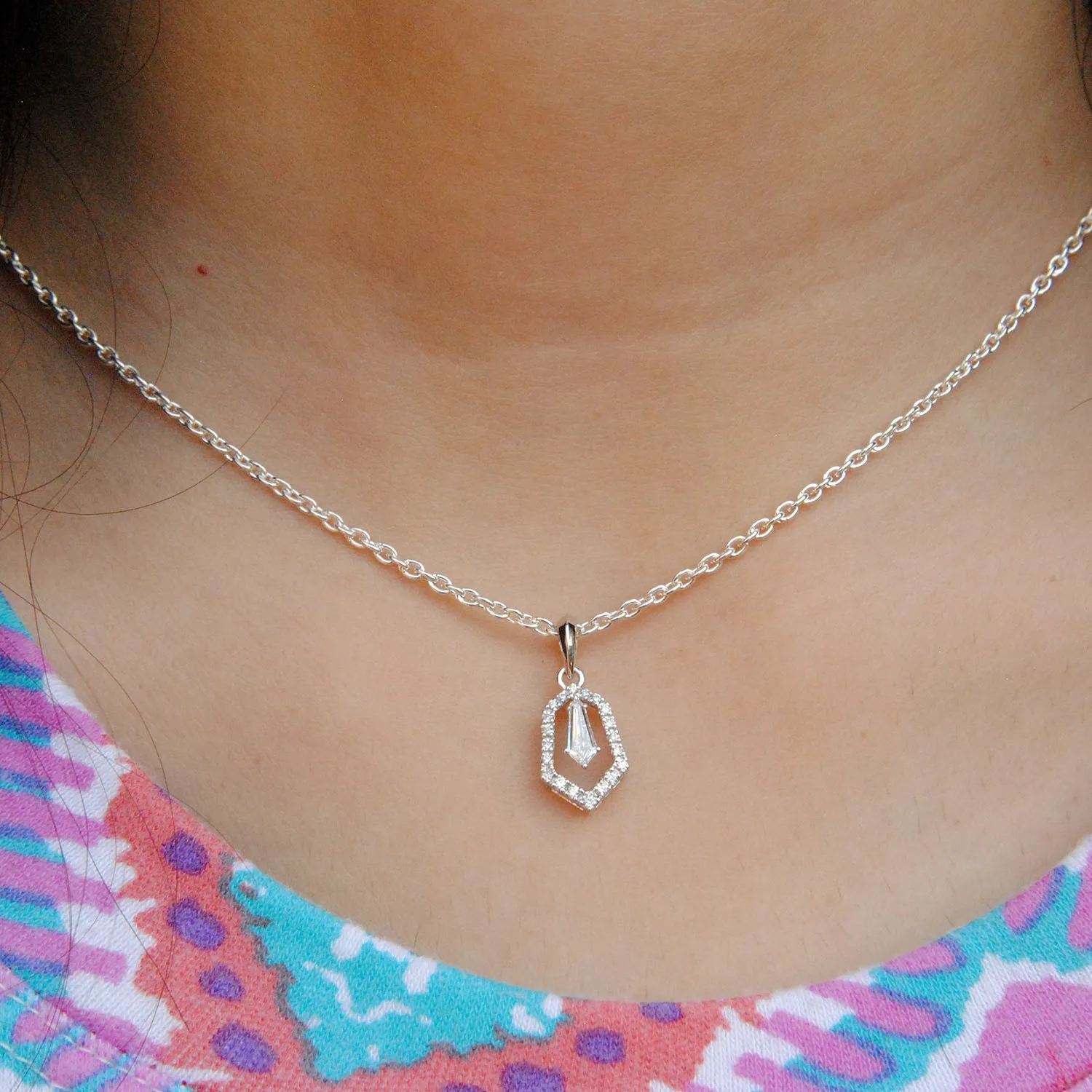 Shield Cut Diamond with Halo Pendant Necklace in Solid 14K White Gold, Everyday Charm Pendant