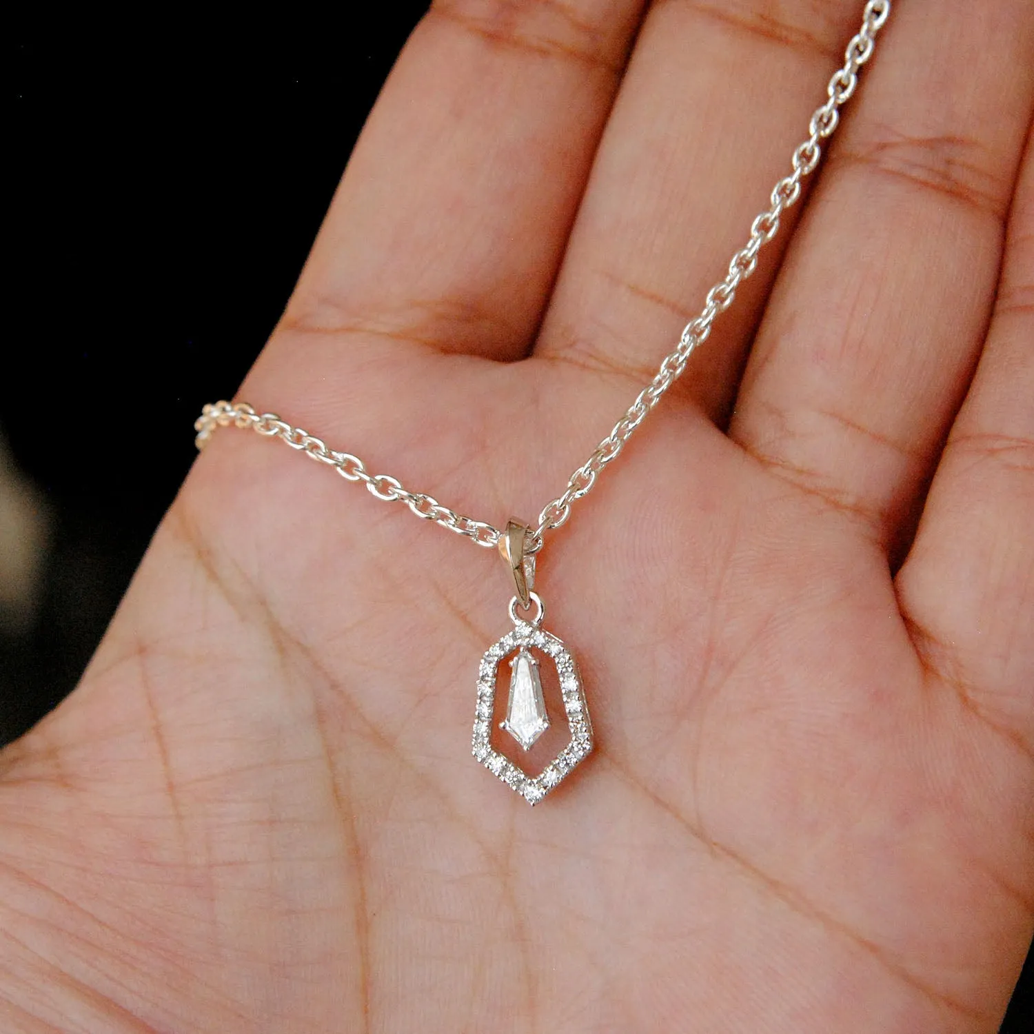 Shield Cut Diamond with Halo Pendant Necklace in Solid 14K White Gold, Everyday Charm Pendant
