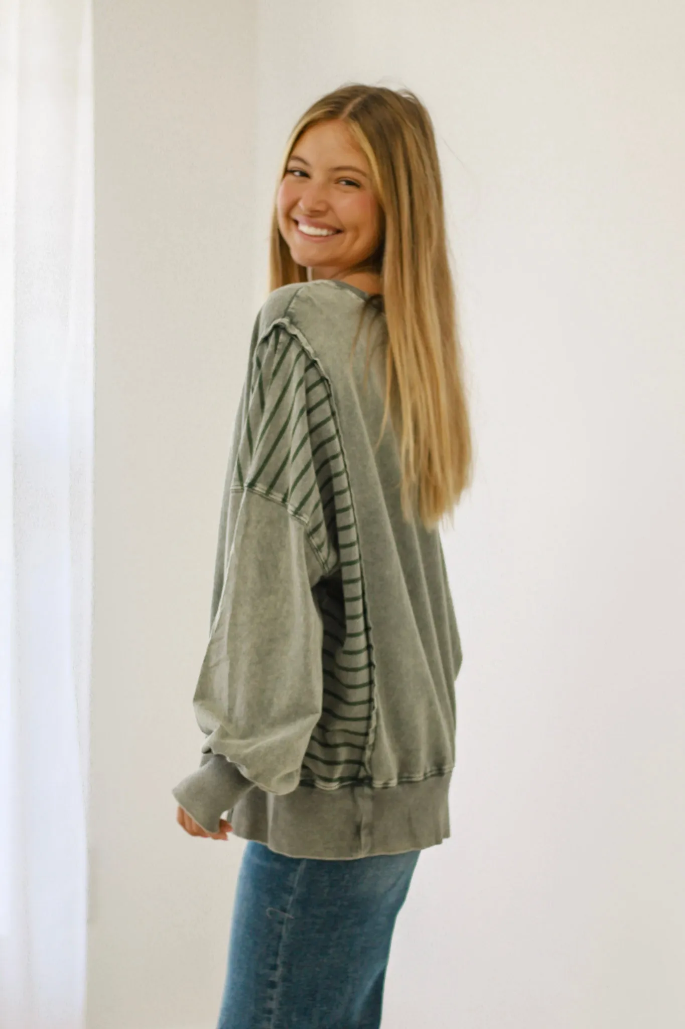 Shout Out to Christmas Stripe Sleeve Top in Moss
