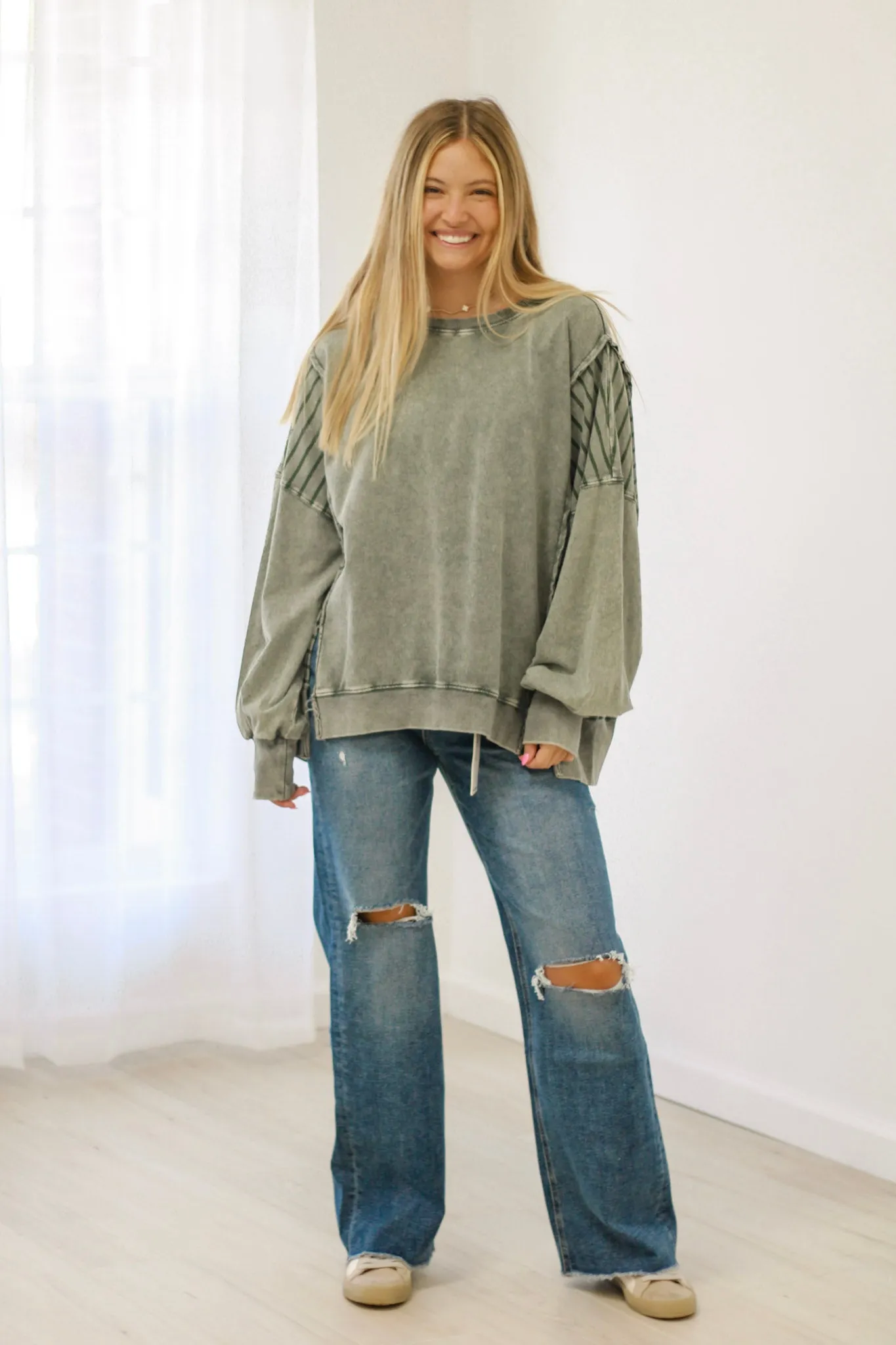 Shout Out to Christmas Stripe Sleeve Top in Moss