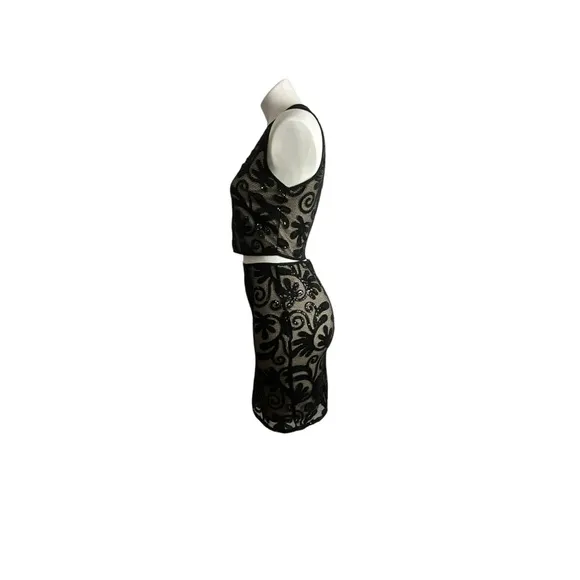 Sienna Sky Elegant Two Piece Black Floral Scroll Sequin Skirt Set