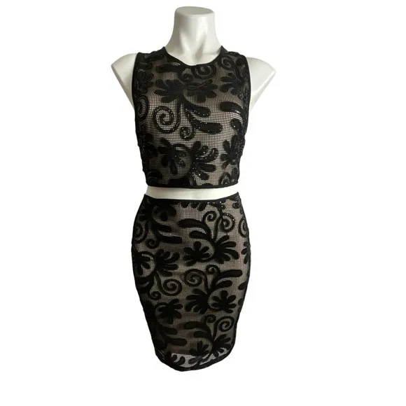 Sienna Sky Elegant Two Piece Black Floral Scroll Sequin Skirt Set